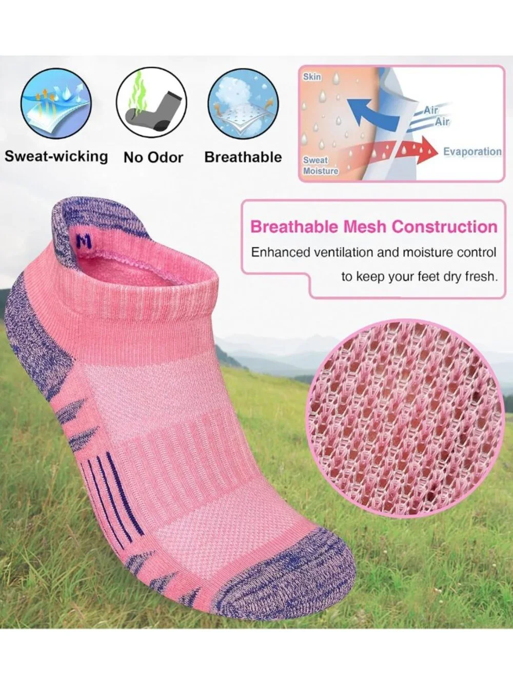 Cushioned Athletic Running Socks for Women, 5 Pairs, Ankle Length, Anti-Blister